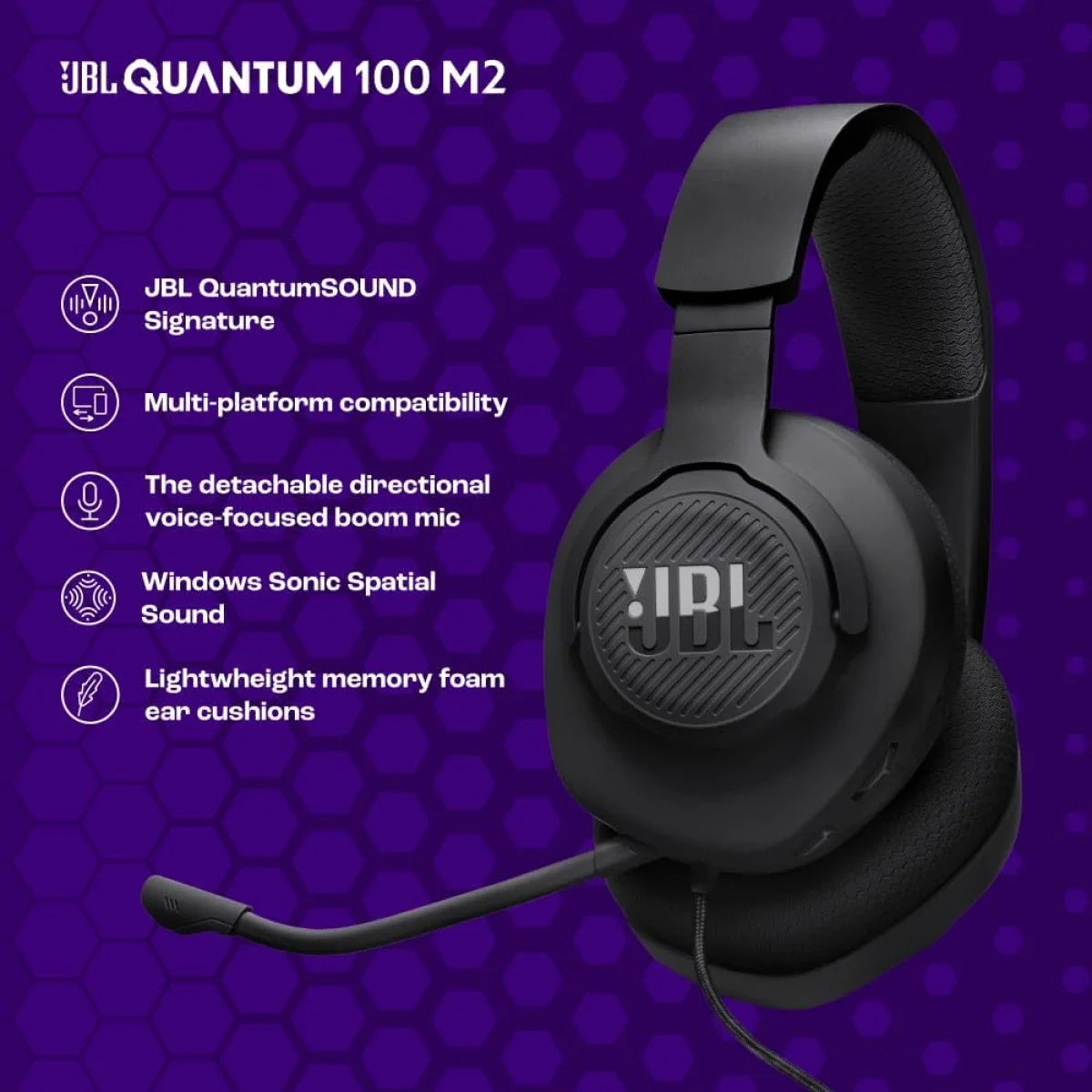 سماعة ألعاب JBL Quantum 100M2 سلكية بمحركات 40 مم وميكروفون بوم قابل للفصل، أبيض - Thumbnail 3