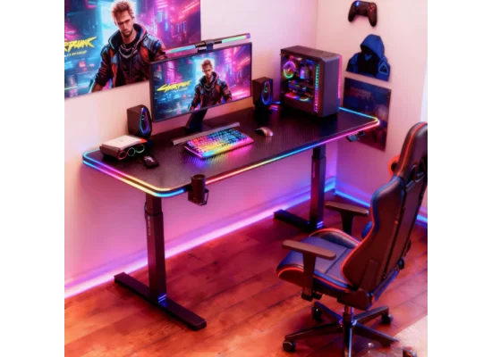 مكتب ألعاب GameMax D140 Carbon EC2 كهربائي 140x60 سم بسطح كربون فايبر، ارتفاع قابل للتعديل 720-1170 مم، تحكم LED بذاكرة، أسود - Image 5