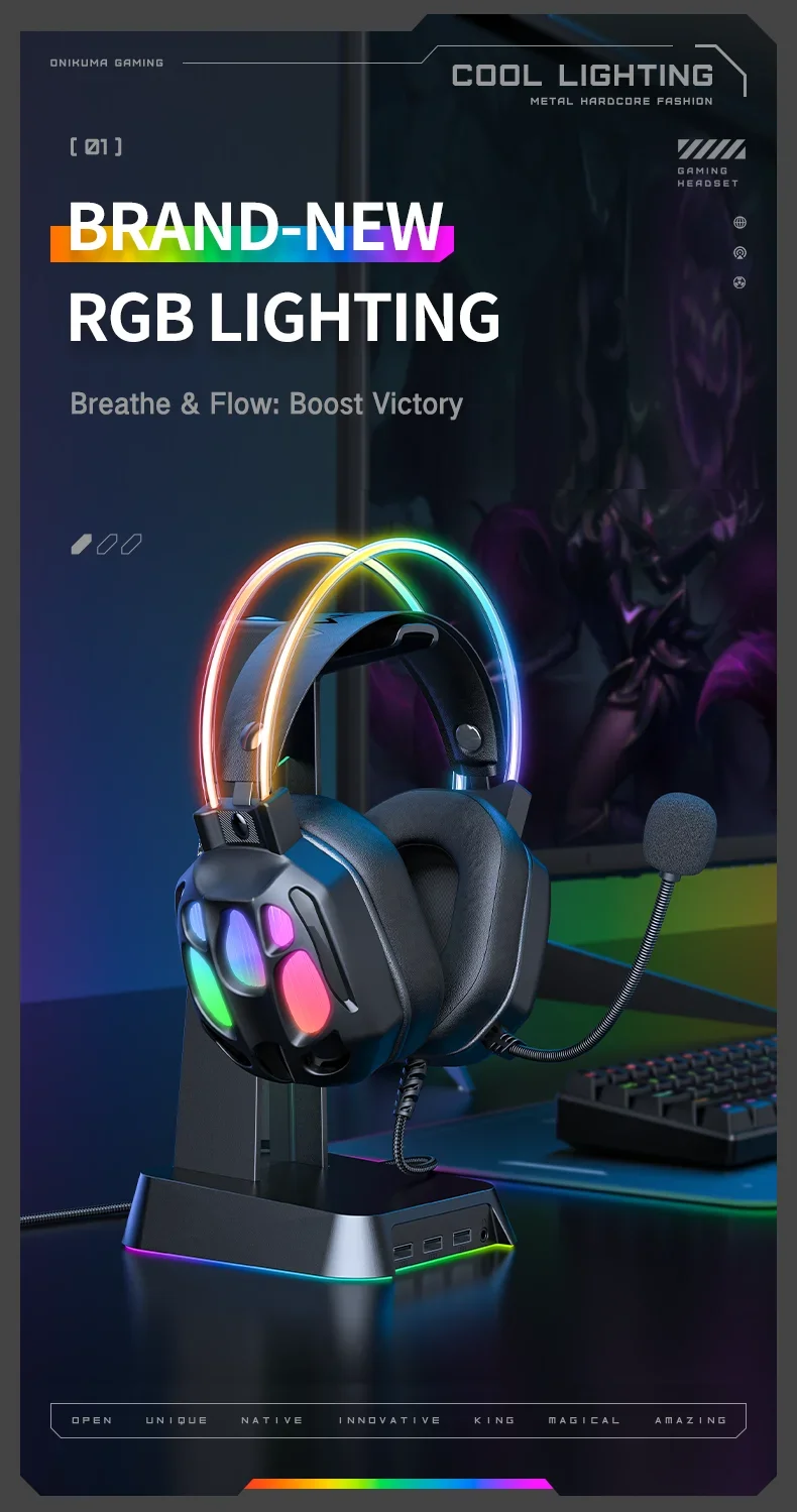 ONIKUMA X89 Gaming Headset with 3.5mm Jack, Surround Sound and RGB Lighting - Black - Thumbnail 11
