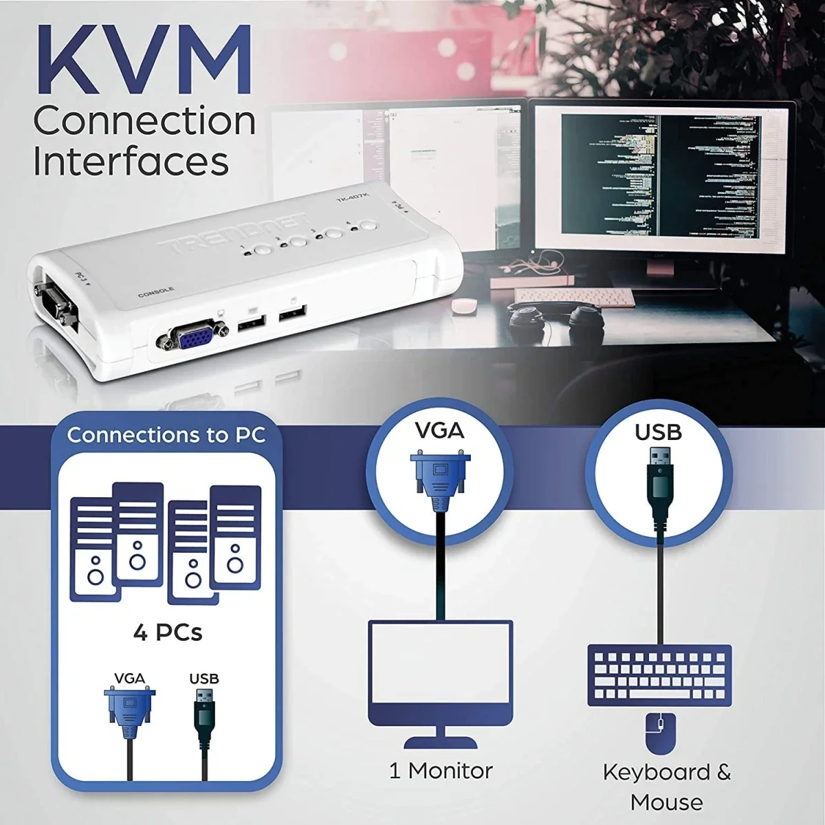سويتش KVM USB 4 منافذ TRENDnet TK-407K مع VGA وUSB - Image 4