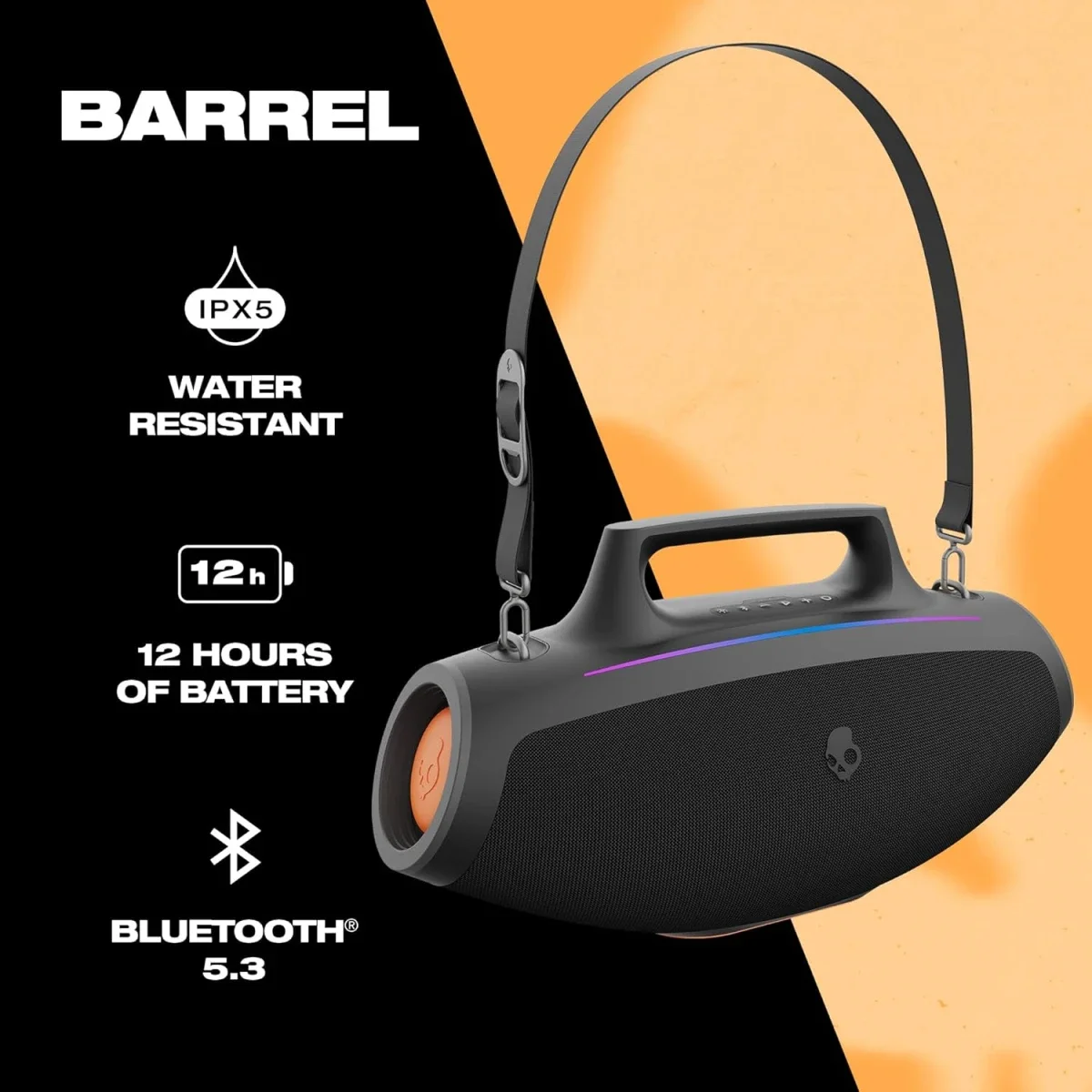 مكبر صوت بومبوكس Skullcandy Barrel بلوتوث مع عرض إضاءة LED وبطارية حتى 12 ساعة - أسود - Image 6