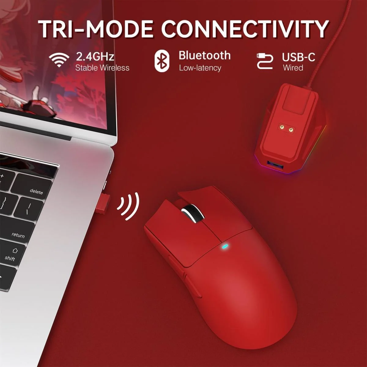 ATTACK SHARK X11 Lightweight Tri-Mode Wireless Gaming Mouse with RGB Charging Dock, 22K DPI, Red - Thumbnail 4