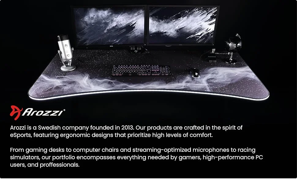 Arozzi Arena Ultrawide Curved Gaming Desk with Water-Resistant Mat, Cable Management - Pure Black - Image 8