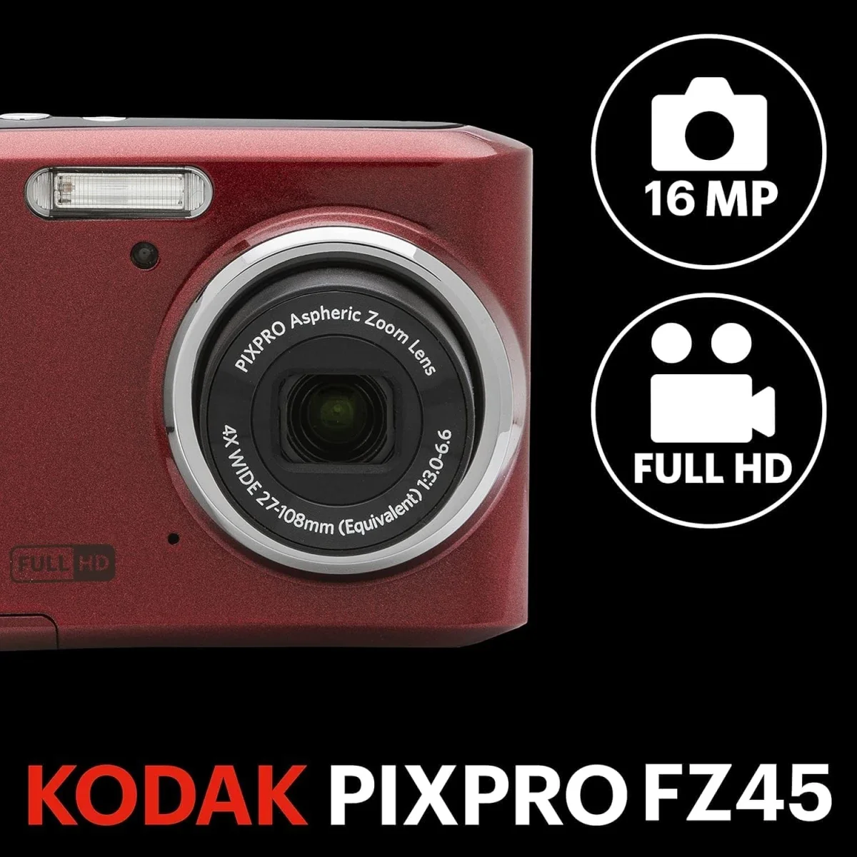 كاميرا رقمية Kodak PIXPRO FZ45 بدقة 16MP وزوم بصري 4x - أحمر - Thumbnail 4