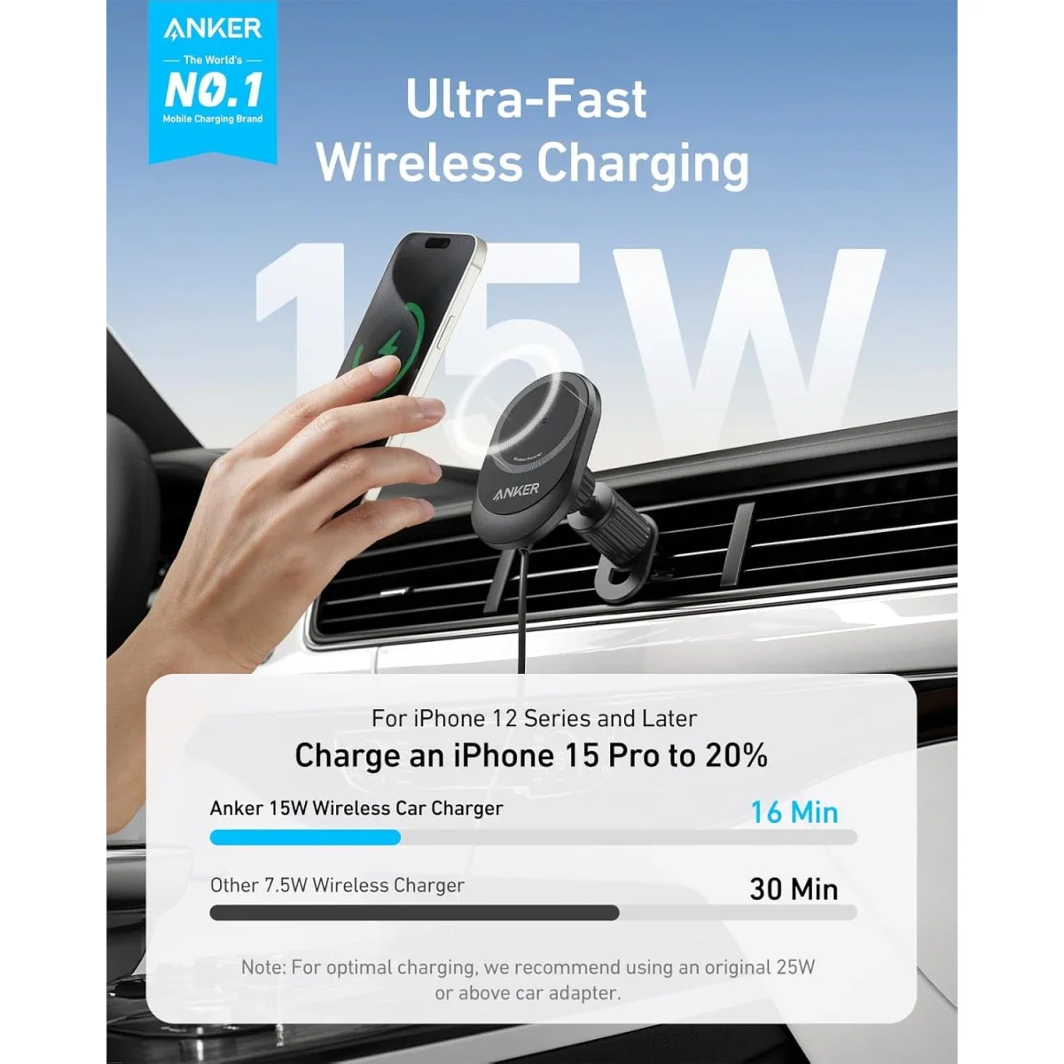 Anker MagGo Qi2 15W Magnetic Wireless Car Charger for iPhone 16/15/14 - Image 2