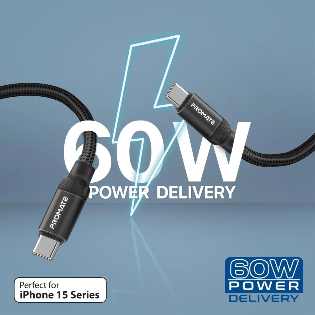 كابل Promate Springy USB-C إلى USB-C مغناطيسي مجدول 60 واط 120 سم أسود - Image 4