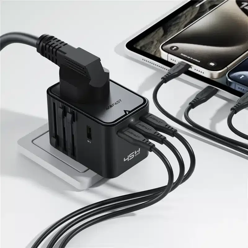 شاحن سفر دولي ACEFAST Z8 بتقنية GaN وPD بقدرة 45 واط مع 3 USB-C و2 USB-A - أسود - Thumbnail 8