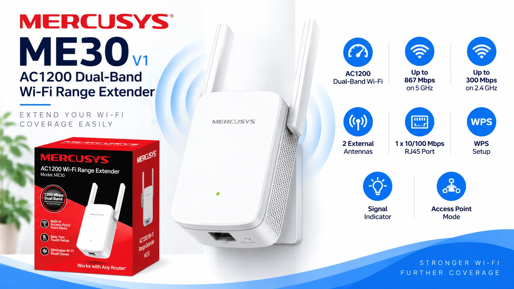 MERCUSYS ME30 AC1200 Dual-Band Wi-Fi Range Extender - White - Thumbnail 4