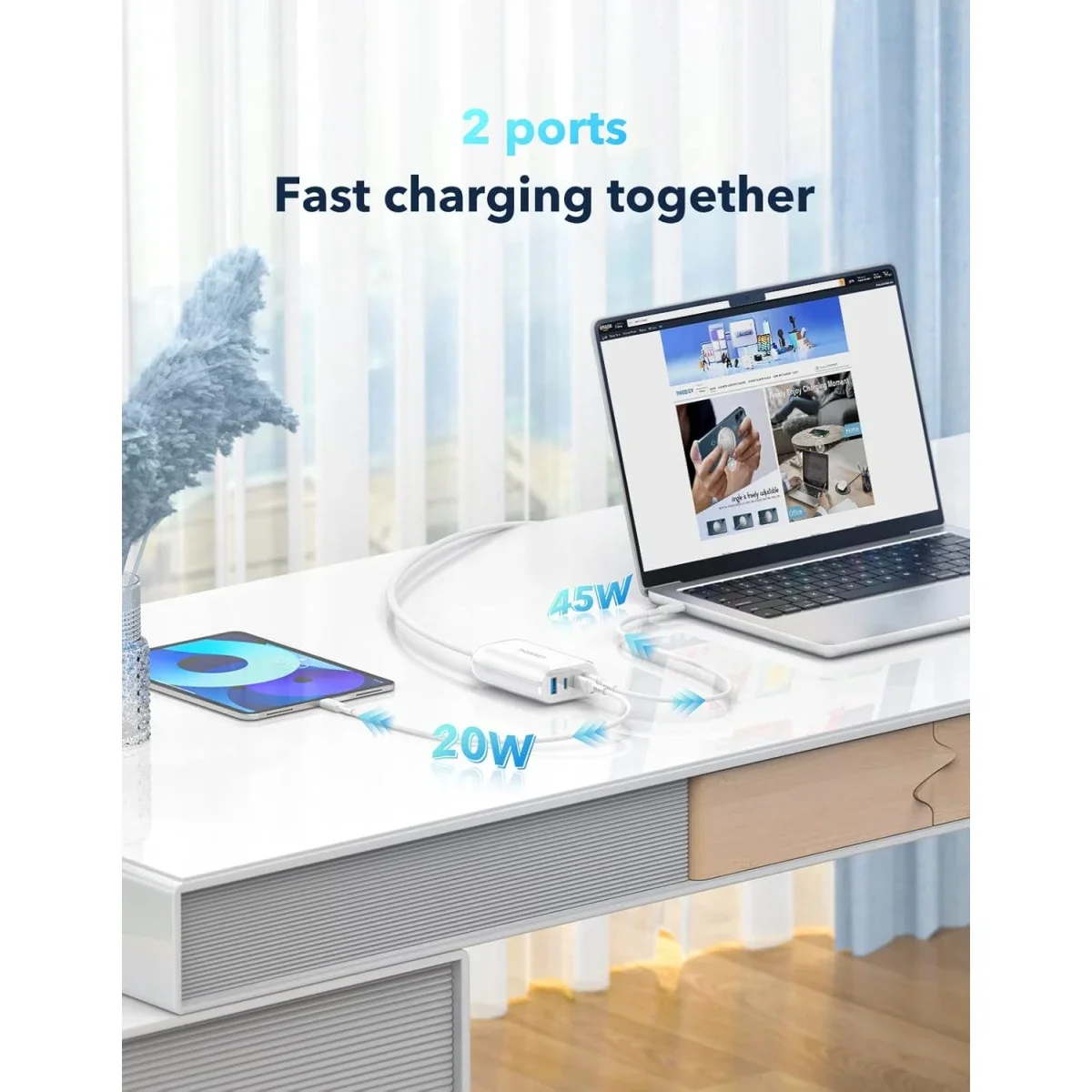 THREEKEY 65W GaN USB-C 4-Port Desktop Charger White - Thumbnail 3