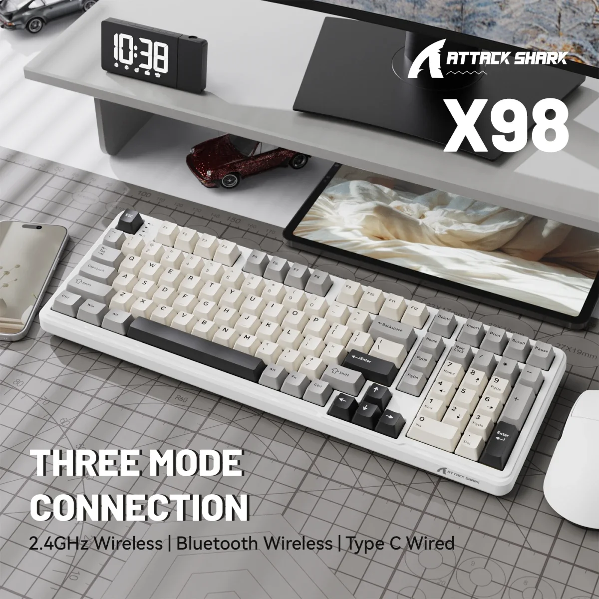 ATTACK SHARK X98 Tri-Mode Wireless Mechanical Keyboard - StarLight White - Thumbnail 9