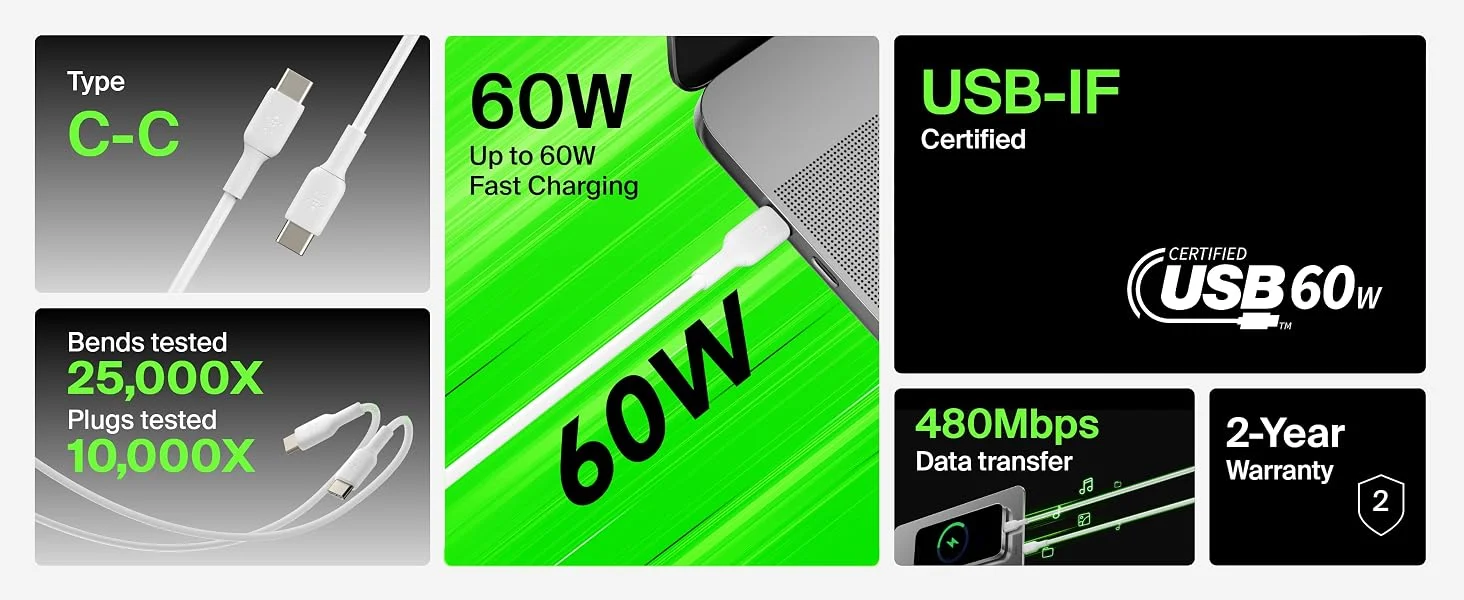 كابل Belkin CAB003BT1MWH BoostCharge USB-C إلى USB-C للشحن السريع 1 متر أبيض - Thumbnail 10