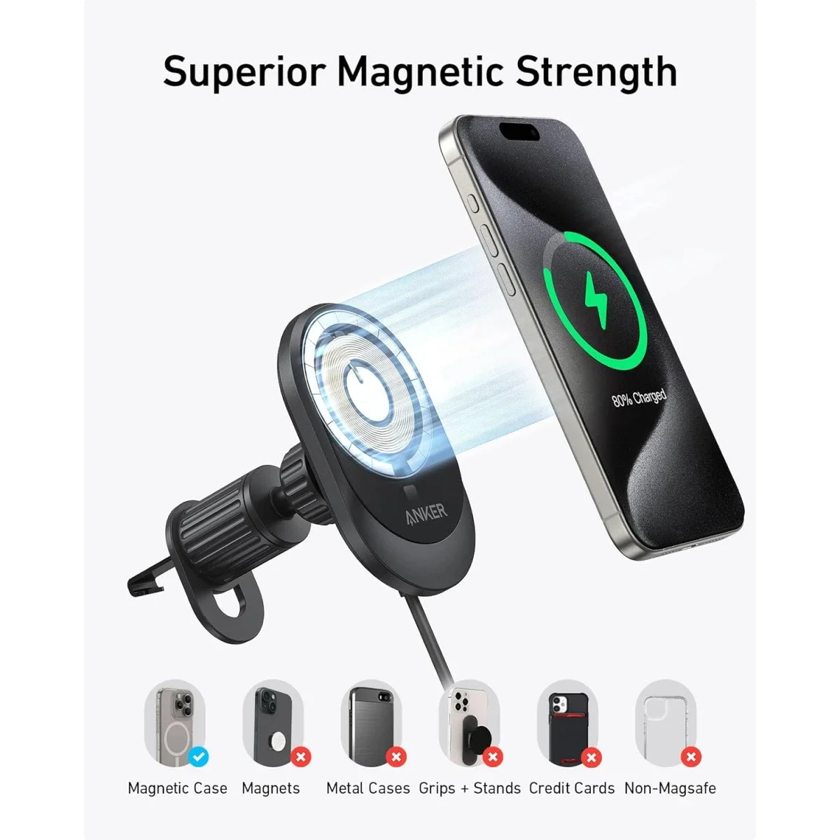 Anker MagGo Qi2 15W Magnetic Wireless Car Charger for iPhone 16/15/14 - Image 6