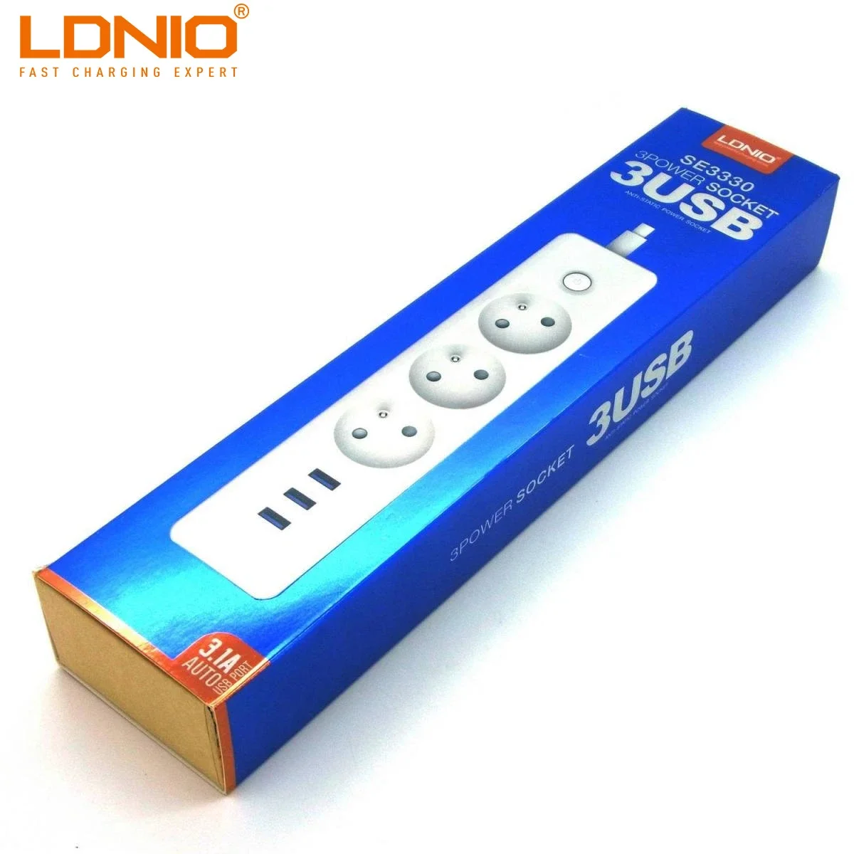 مشترك كهربائي LDNIO SE3330 بثلاثة مقابس و3 منافذ USB وكابل 1.8 متر