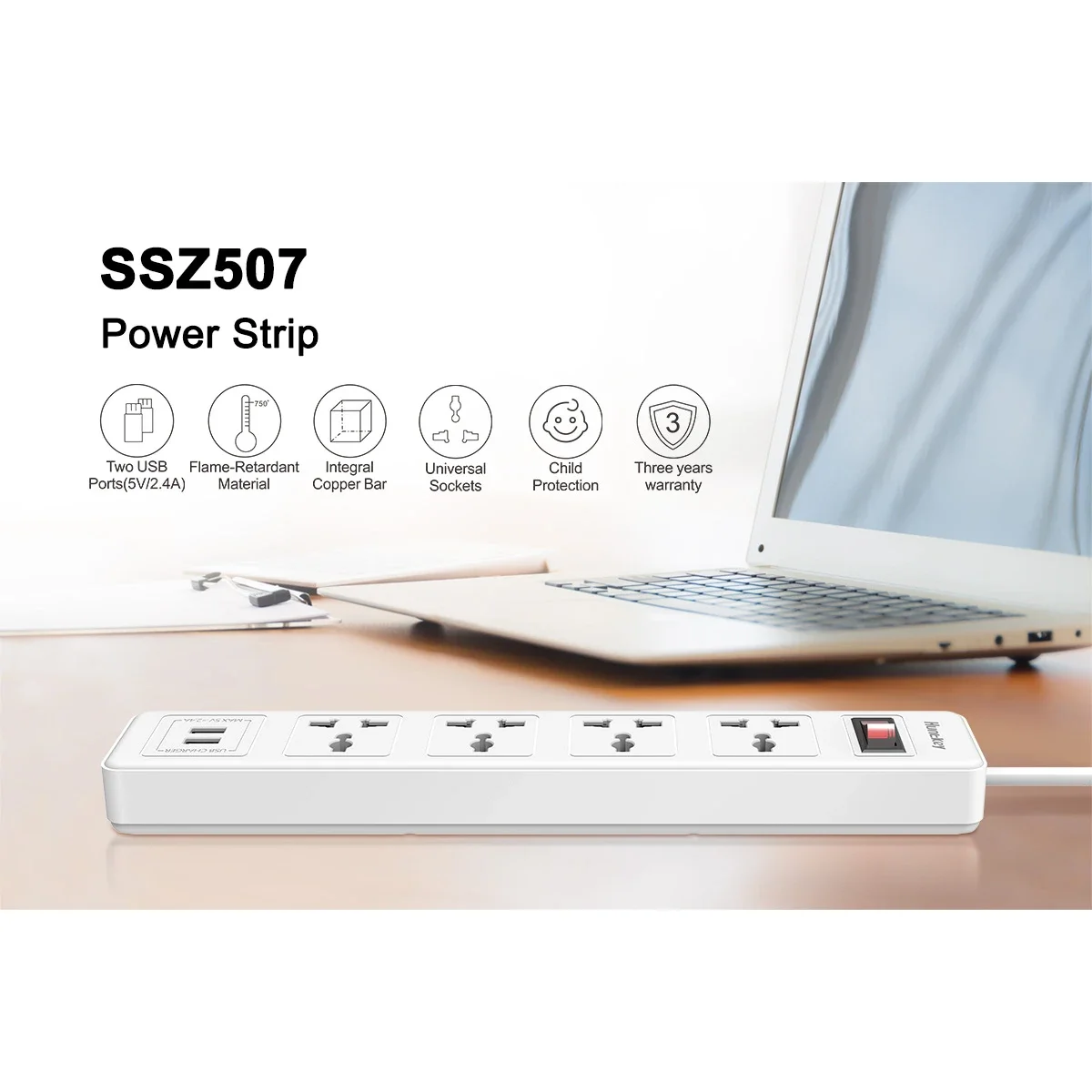 Huntkey SSZ507 Universal Power Strip with 4 Outlets, 2 USB Ports, 3m Cord - White - Thumbnail 4