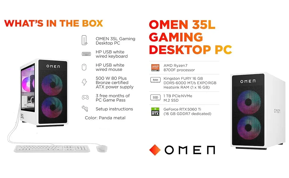 كمبيوتر مكتبي للألعاب HP OMEN 35L GT16-0344 AI Ryzen 7 8700F RTX 5060 Ti 16GB DDR7 رام 16GB SSD 1TB أبيض - Image 9