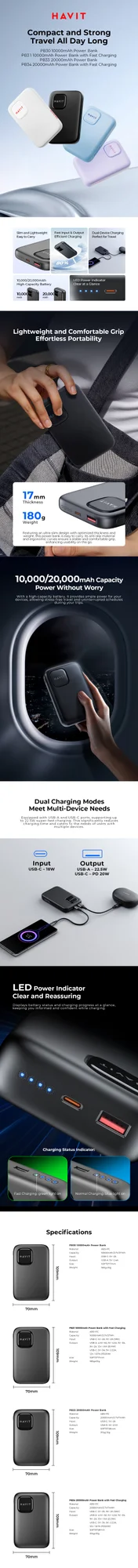 باور بانك HAVIT PB34 بسعة 20000mAh وشحن سريع 22.5W مع USB-A وUSB-C - رمادي - Thumbnail 5