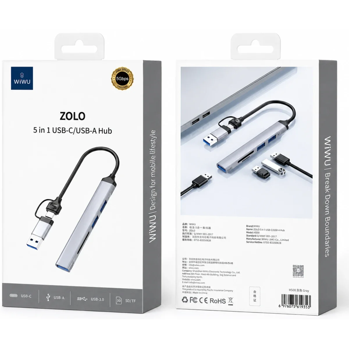 WIWU Zolo Wi-HB003 5-in-1 USB-C/USB-A Hub Adapter, Gray