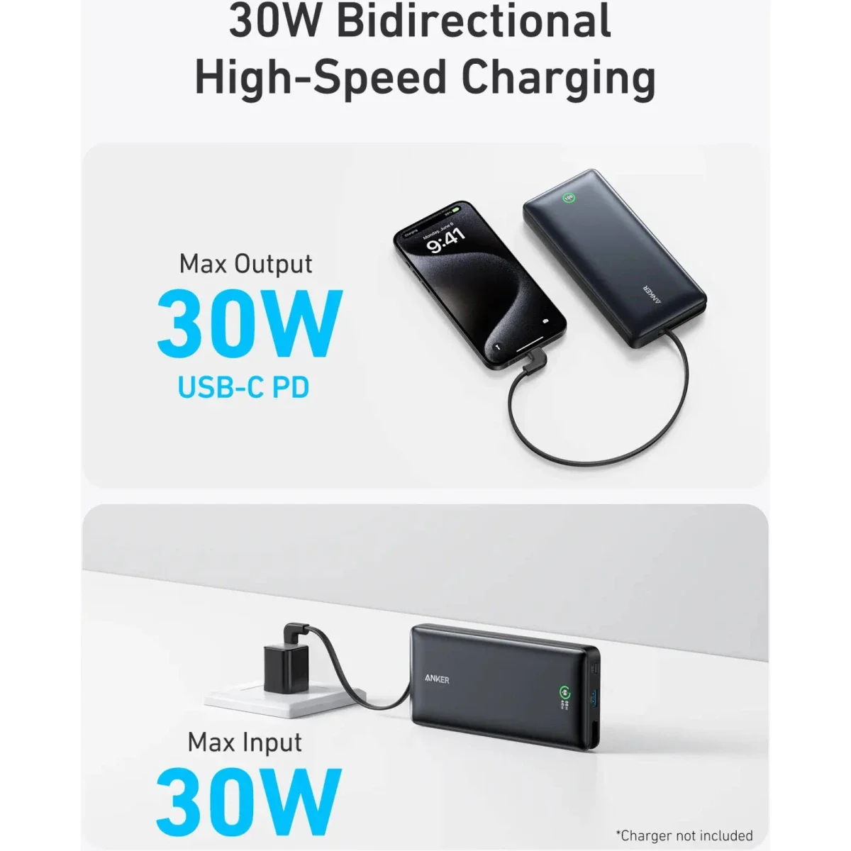 باور بانك Anker Nano بسعة 20000 مللي أمبير ساعة مع كابل USB-C مدمج وشحن سريع 30 واط وشاشة ذكية - أسود - Image 5