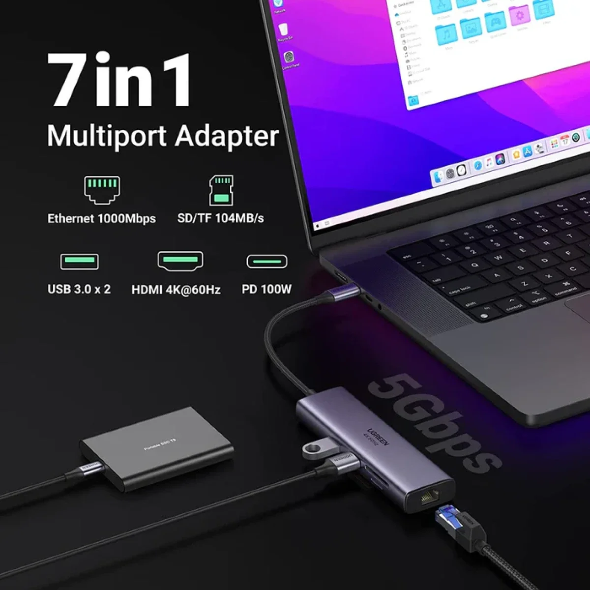 Ugreen 7-in-1 USB-C Hub with 4K 60Hz HDMI, 100W PD and SD/TF Reader - Thumbnail 3