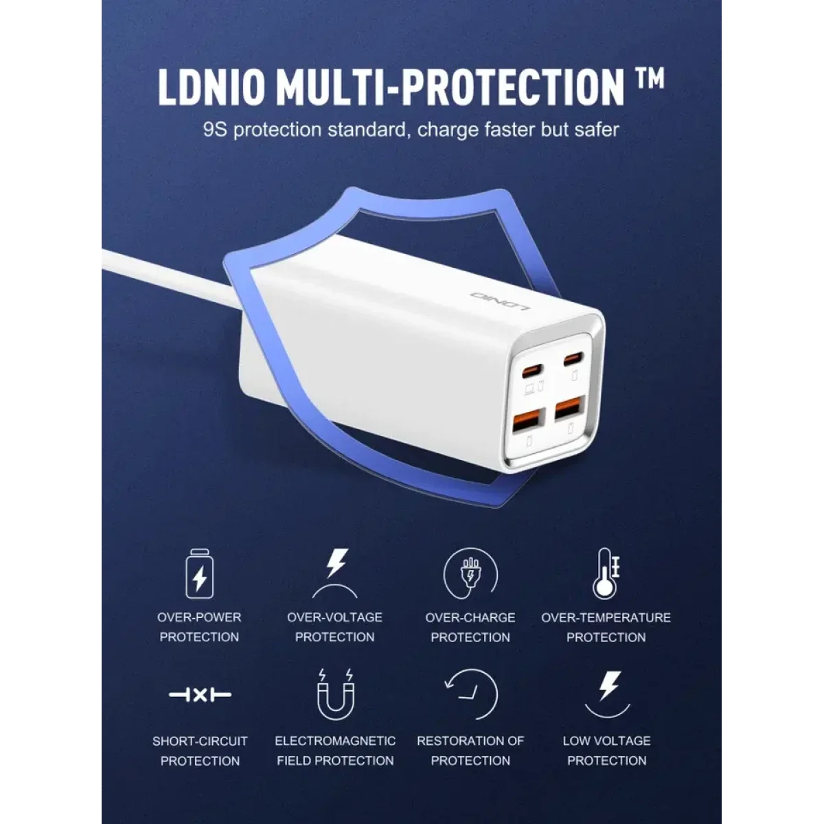 شاحن LDNIO A4610C سريع 65 واط بأربعة منافذ USB وUSB-C - أبيض - Thumbnail 2