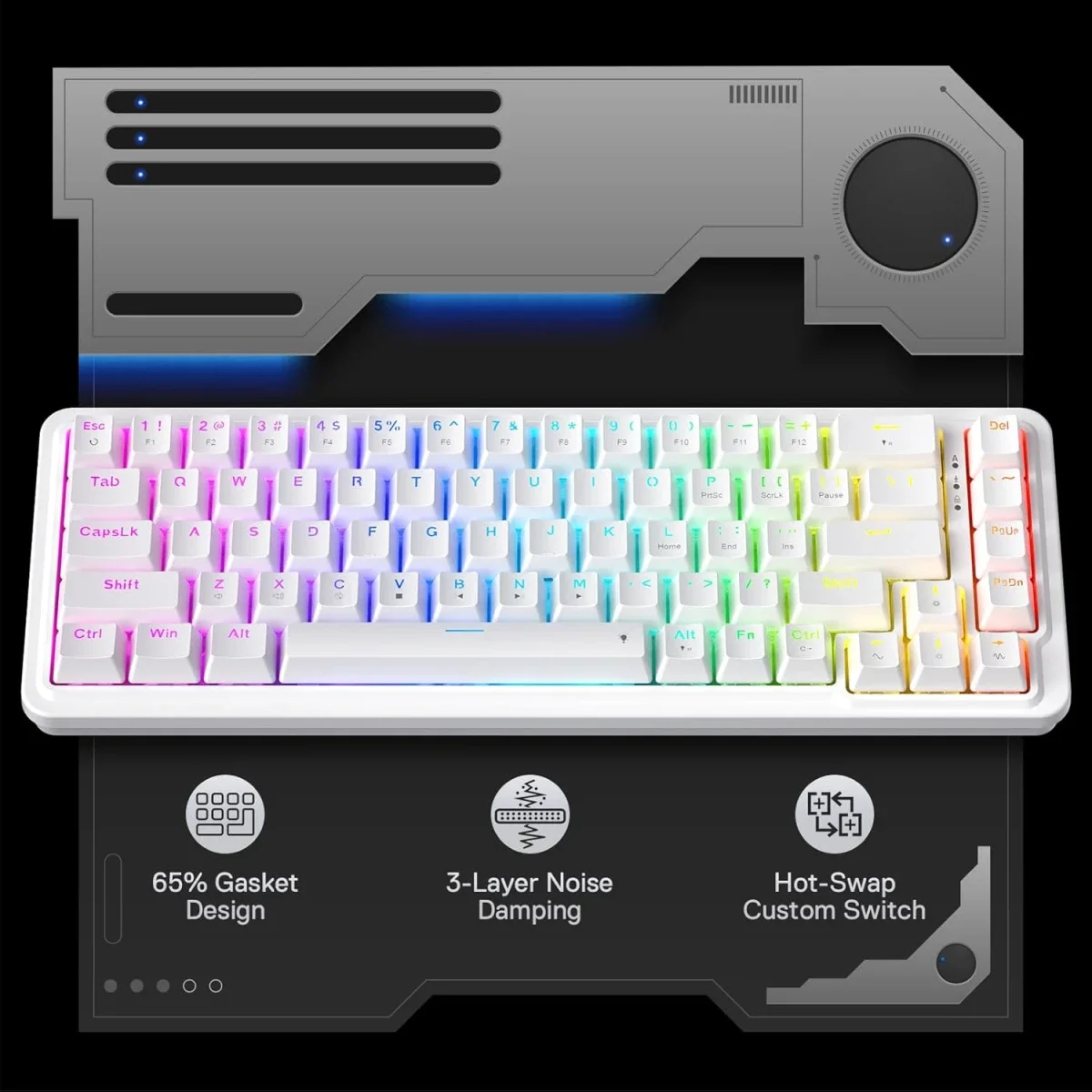 Redragon K709 NOVA 65% Wired RGB Mechanical Gaming Keyboard, 68 Keys, White - Thumbnail 3