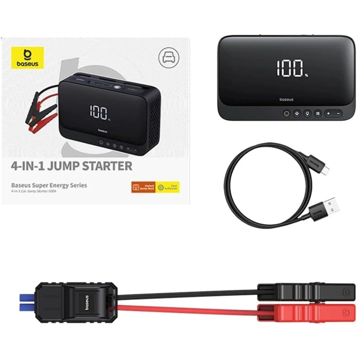 Baseus Super Energy Series 4-in-1 Car Jump Starter with Air Compressor, Power Bank & Flashlight, 6000mAh, Black - Thumbnail 4