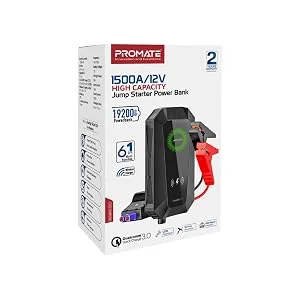 مشغل بطارية سيارة Promate HexaBolt-20 بقوة 1500A و12V مع باور بانك 19200mAh وشحن Qi 10W - أسود - Thumbnail 17