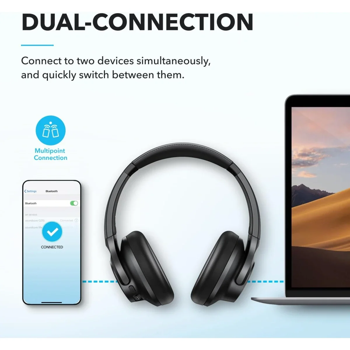 سماعات رأس Anker Soundcore Q20i لاسلكية بعزل ضوضاء هجين ANC، أسود - Thumbnail 7