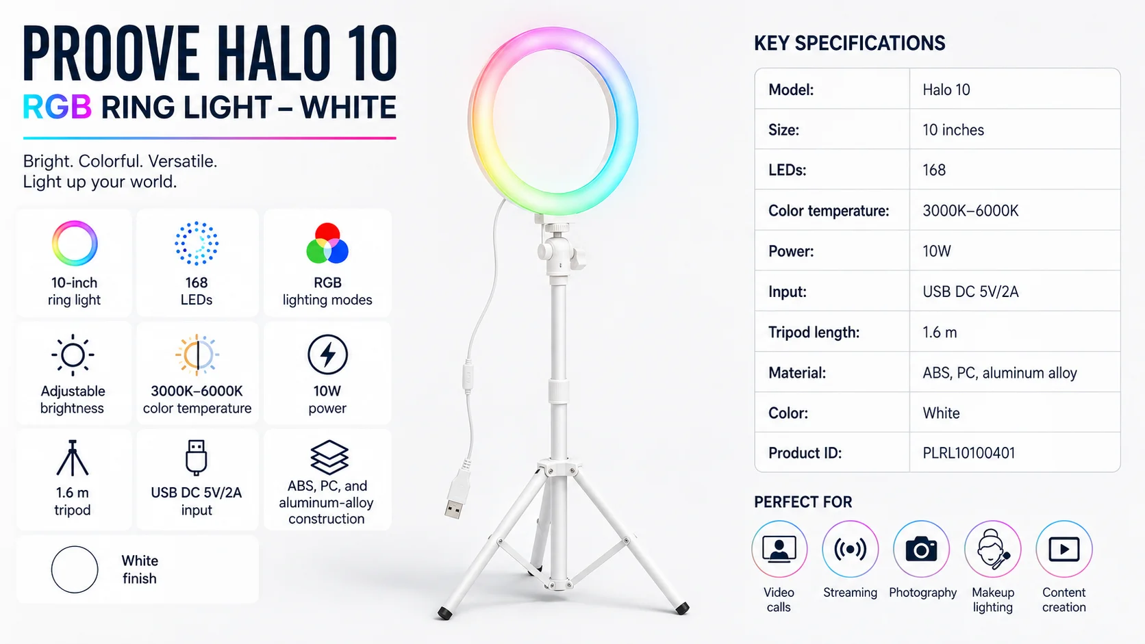 إضاءة حلقية Proove Halo 10 RGB مقاس 10 إنش بقوة 10 واط مع حامل ثلاثي 1.6 متر، أبيض (PLRL10100401) - Image 9