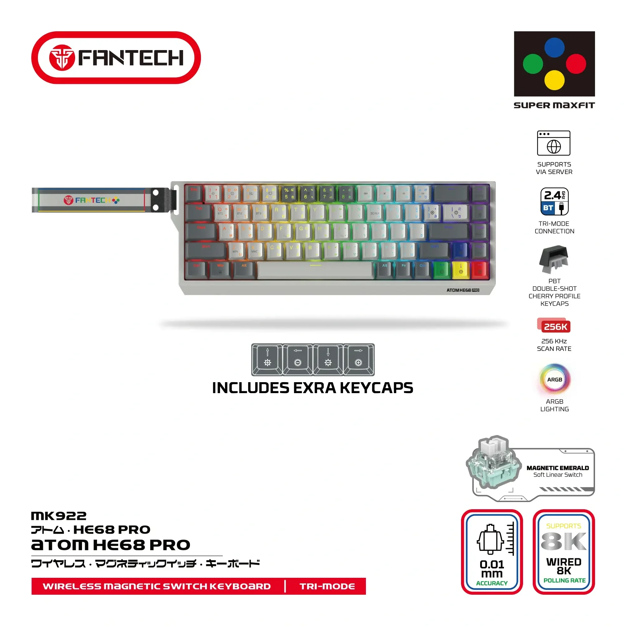 Fantech MK922 ATOM HE68 PRO Wireless Magnetic Gaming Keyboard Super Maxfit Edition Tri-Connection Mode - Image 3