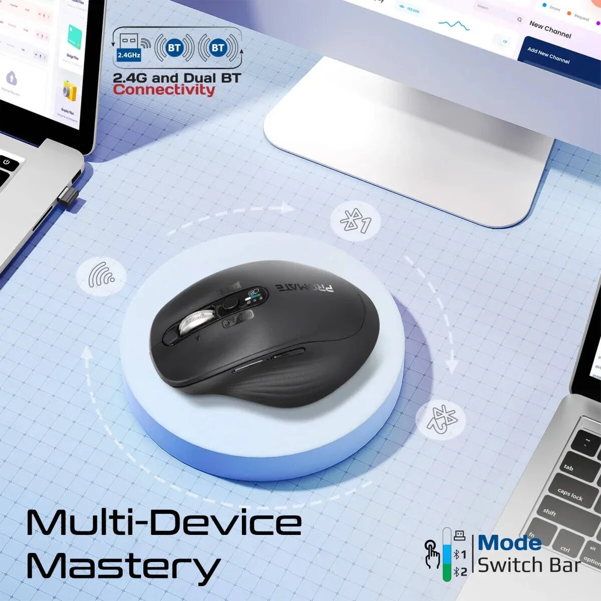 Promate SamoTri Tri-Mode Wireless Mouse, Bluetooth 5.0, 2.4GHz, 3200 DPI, Black - Thumbnail 2
