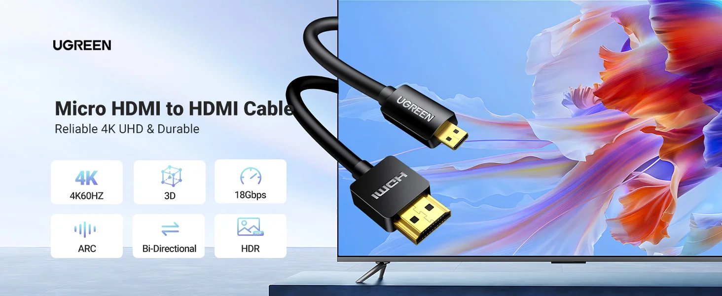 Ugreen Micro HDMI to HDMI Cable Adapter 4K 60Hz 3FT - Thumbnail 9