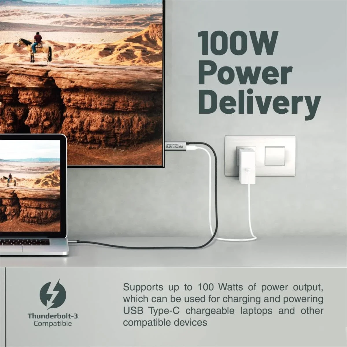 كابل Promate HDMI-PD100 USB-C إلى HDMI بدقة 4K 60Hz ومنفذ PD 100W بطول 180 سم - Thumbnail 4