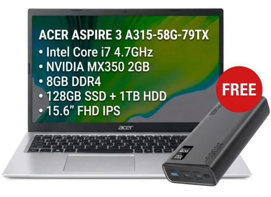 Acer Aspire 3 A315-58G-79TX 15.6-Inch FHD Laptop, Core i7 4.7GHz, 8GB RAM, 128GB SSD + 1TB HDD, MX350 2GB, with Promate 20000mAh Power Bank - Thumbnail 6