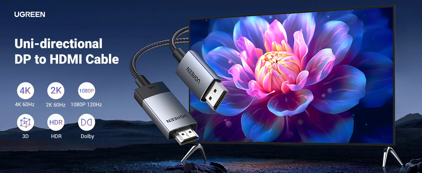 Ugreen Active DisplayPort 1.2 to HDMI 2.0 Cable, 4K 60Hz HDR, 6.6ft - Thumbnail 6