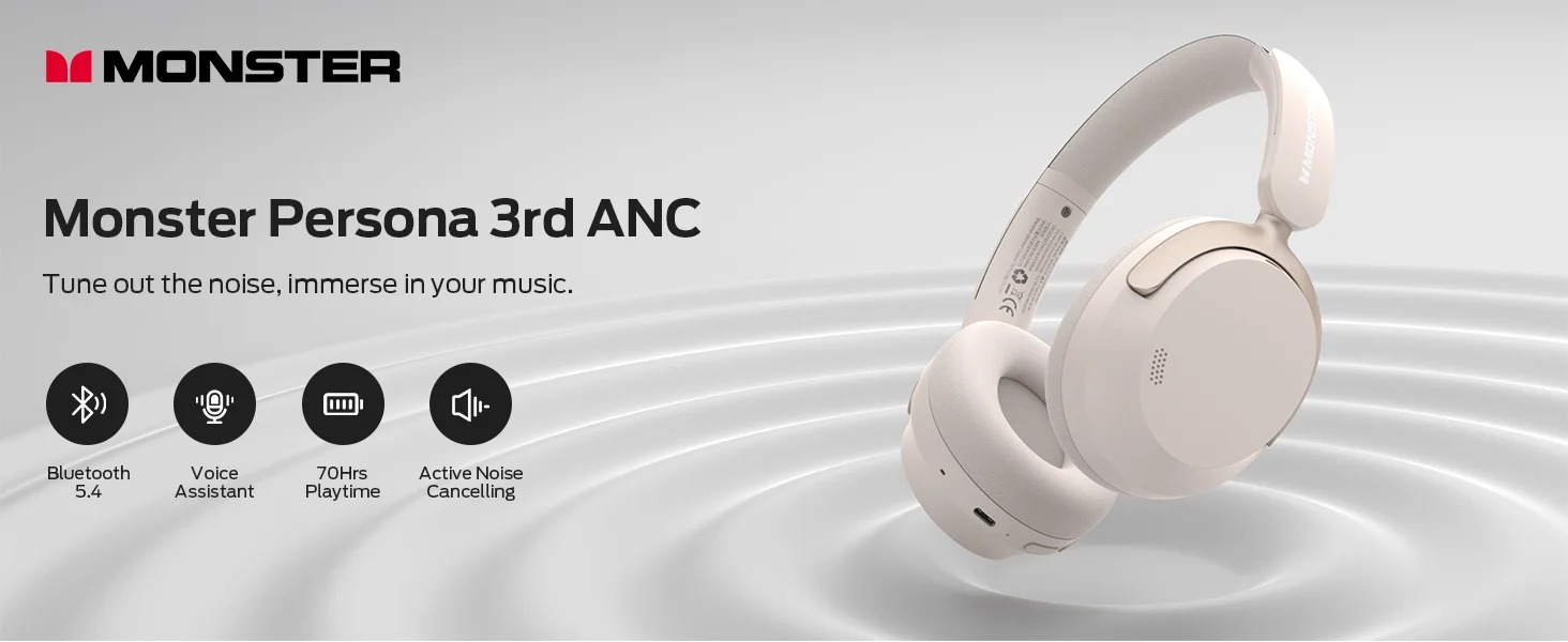 Monster Persona 3rd ANC Wireless Over-Ear Headphones with Mic, 70 Hours Playtime - White - Thumbnail 8