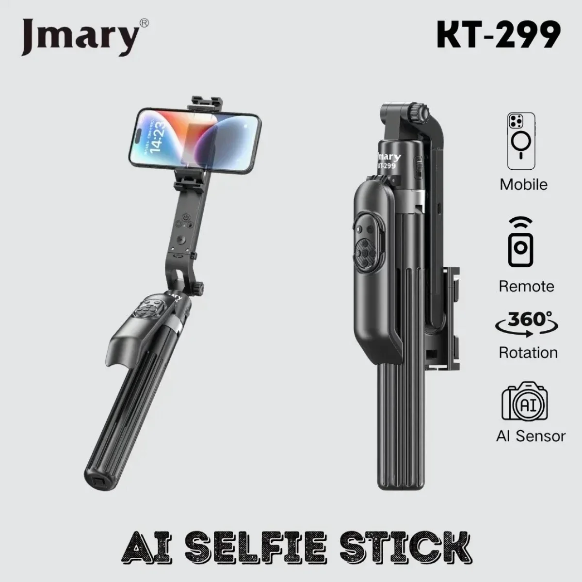 Jmary KT-299 AI Face Tracking Selfie Stick Tripod, 1.8m, 360° Pan, Black - Image 2