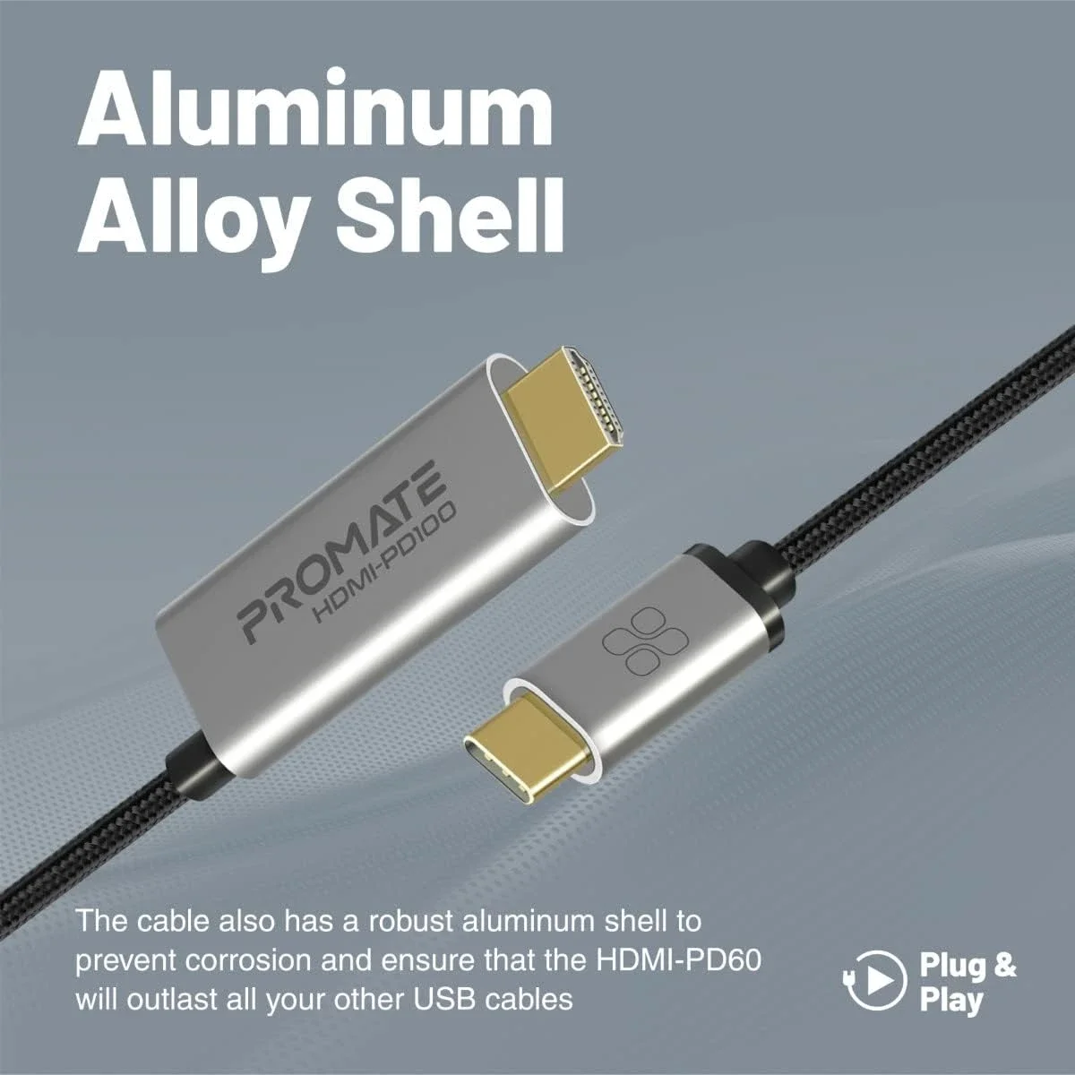 كابل Promate HDMI-PD100 USB-C إلى HDMI بدقة 4K 60Hz ومنفذ PD 100W بطول 180 سم - Thumbnail 5