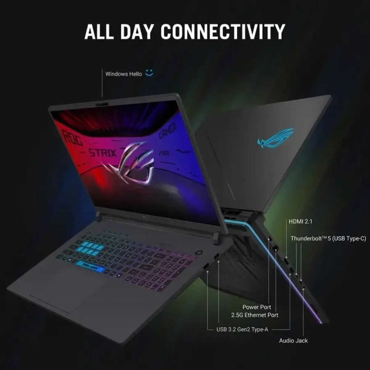 لابتوب ألعاب Asus ROG Strix G18 بشاشة 18 إنش FHD+ 144 هرتز، Core i7-14650HX، RTX 5050، رام 16GB، SSD 512GB، Eclipse Gray - Thumbnail 3