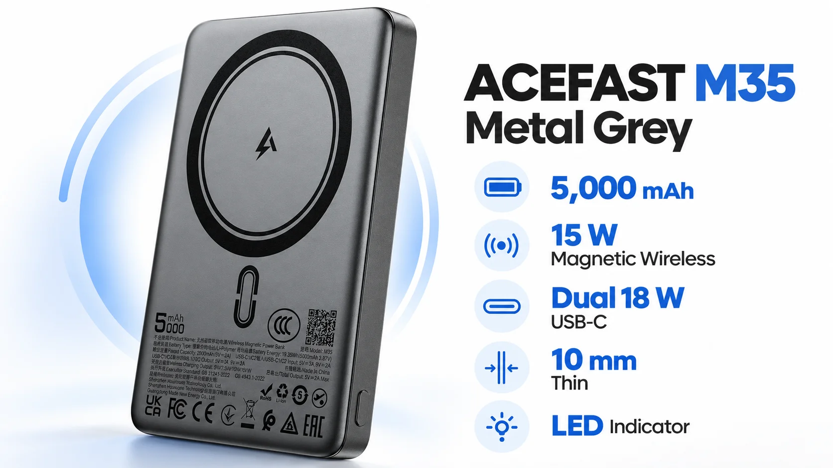 باور بانك ACEFAST M35 5000mAh 18W بشحن لاسلكي مغناطيسي 15W – رمادي معدني - Image 9
