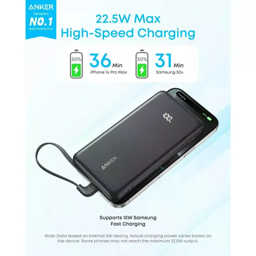 Anker Zolo A110DH11 10000mAh 22.5W Power Bank with Built-in USB-C Cable - Black - Image 3