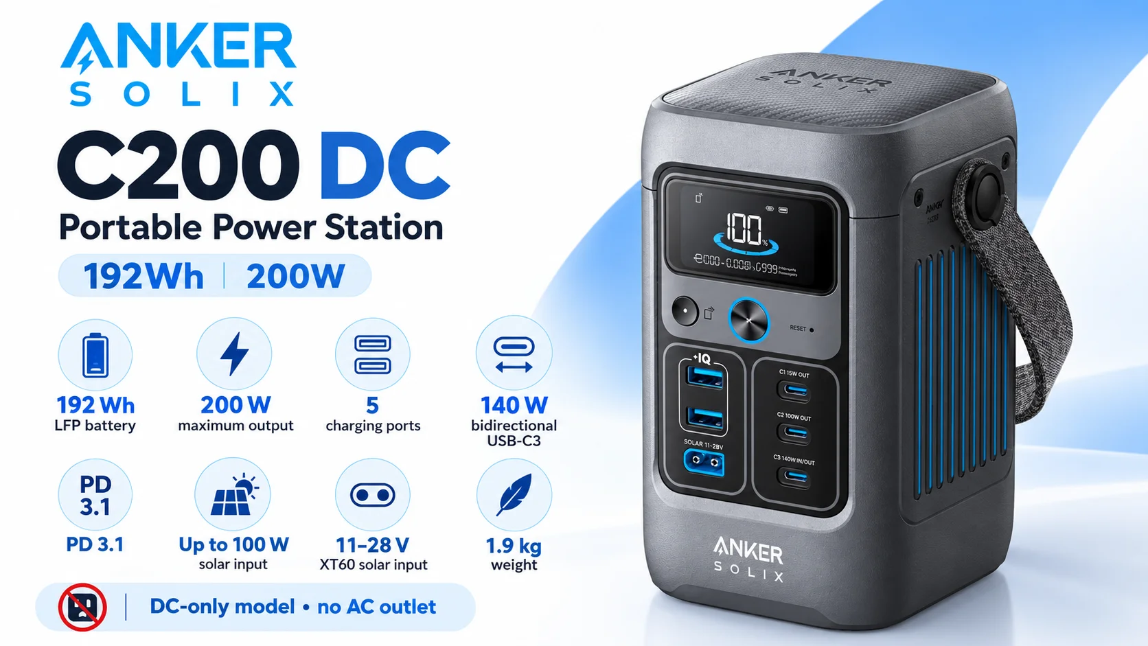 محطة طاقة متنقلة Anker SOLIX C200 DC بسعة 60.000mAh و192Wh وبطارية LiFePO4 وقدرة 200W - Image 10