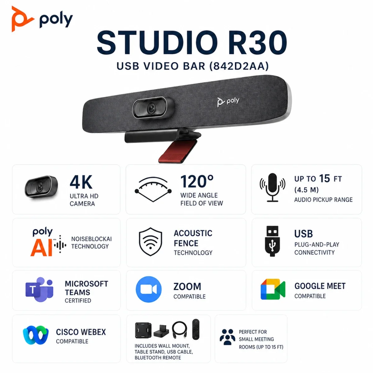 شريط فيديو USB Poly Studio R30 بدقة 4K لغرف الاجتماعات الصغيرة - 842D2AA#ABA