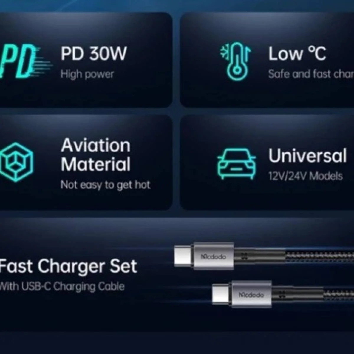 شاحن سيارة Mcdodo CC-7491 بقدرة 30 واط PD مع كابل USB-C إلى USB-C، أسود - Image 5