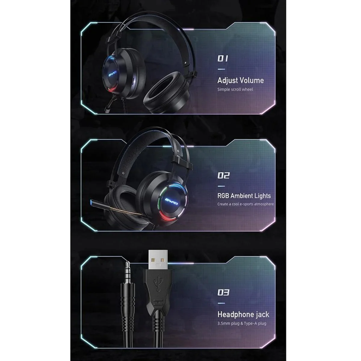 سماعة ألعاب Awei GM-2 سلكية مع ميكروفون USB و3.5mm، أسود - Image 2