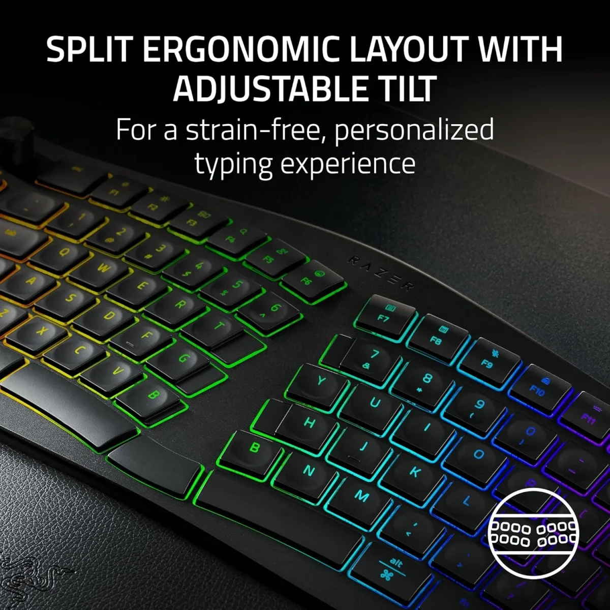 كيبورد Razer Pro Type Ergo لاسلكي مريح بتصميم منفصل وإضاءة RGB - أسود - Thumbnail 2