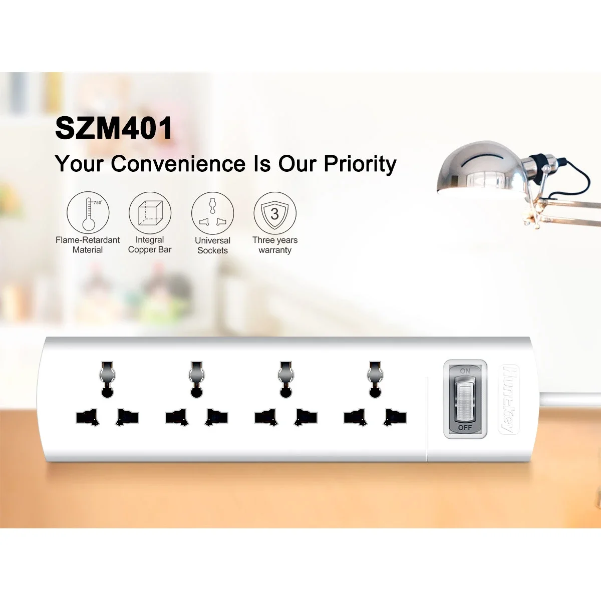 Huntkey SZM401 Universal Power Strip, 4 Outlets, 1.5m, White - Thumbnail 2