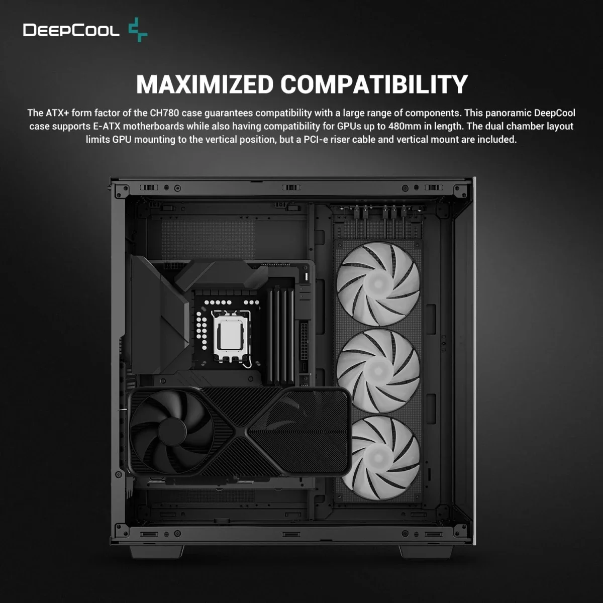 هيكل كمبيوتر DeepCool CH780 ATX+ بانورامي ثنائي الحجرة Full Tower مع كابل Riser Gen 4 و3 مراوح Trinity 140mm ARGB - أسود - Image 4