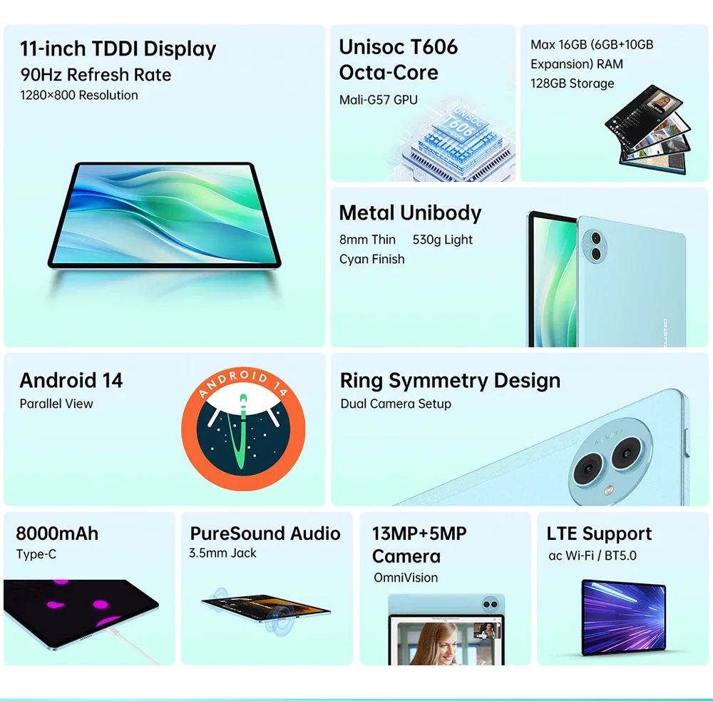 جهاز لوحي TECLAST P50 (2025) 11 إنش IPS بتردد 90Hz وأندرويد 15 وLTE، 8GB رام، 128GB، أزرق - Thumbnail 5
