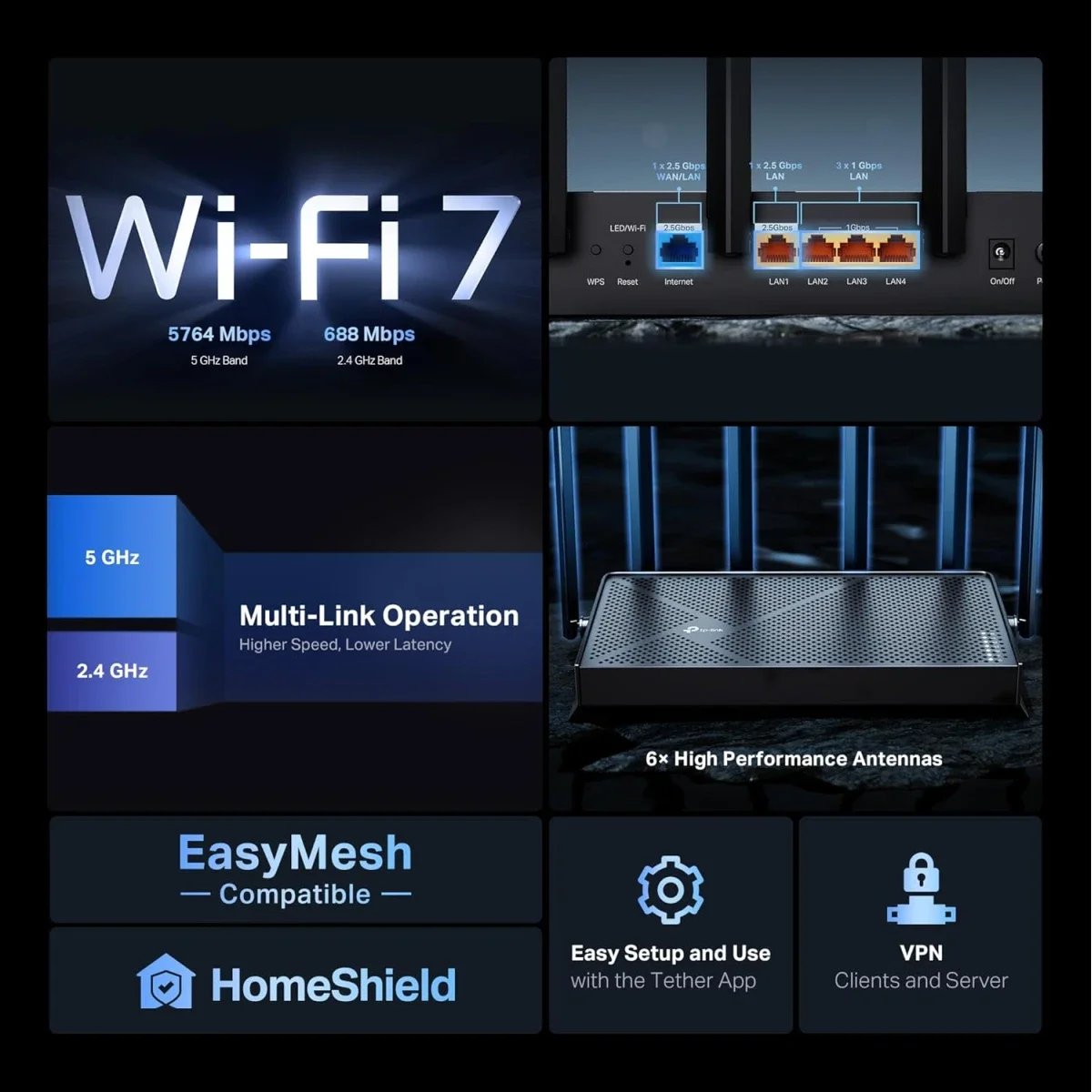 راوتر TP-LINK Archer BE400 Wi‑Fi 7 ثنائي النطاق BE6500 مع منفذي 2.5 جيجابت وUSB 3.0 - Thumbnail 2